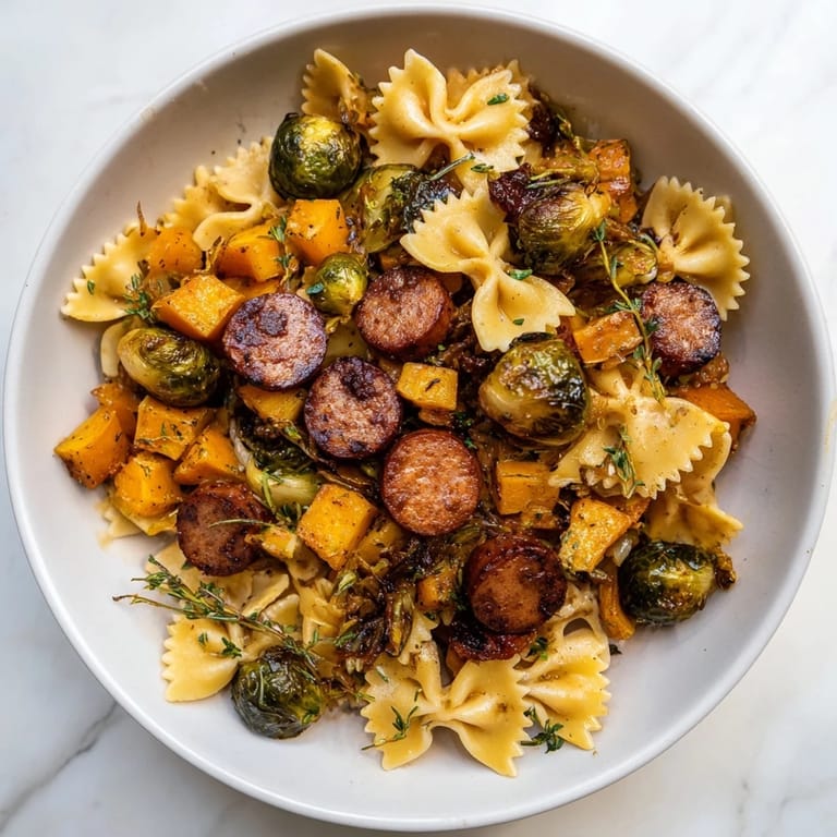 This flavorful bowl of autumn sausage pasta squash has tender butternut squash and crispy Brussels sprouts.