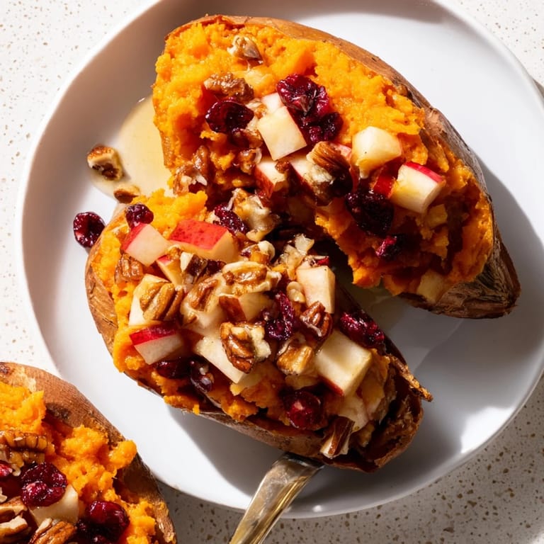 A warm, inviting image showcases the vibrant colors of these Cranberry Apple Twice-Baked Sweet Potatoes, a perfect side.