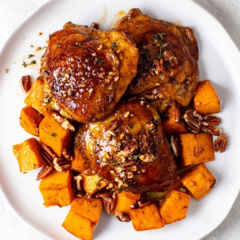 A close-up of perfectly cooked maple glazed chicken thighs and caramelized sweet potatoes, a comforting American entree.