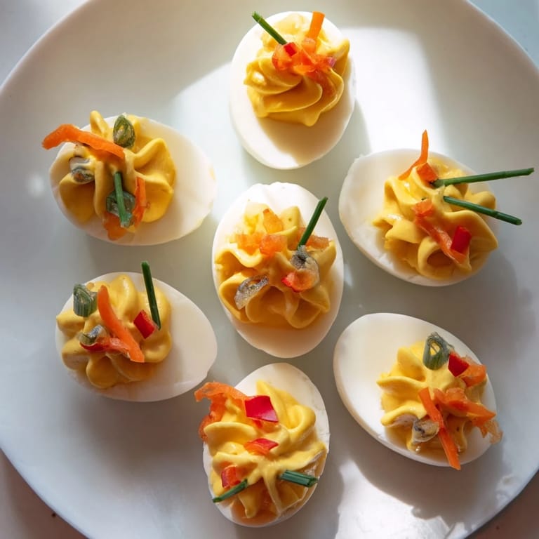 These easy-to-make deviled egg ornaments feature creamy filling and colorful pepper decorations, perfect for a party.