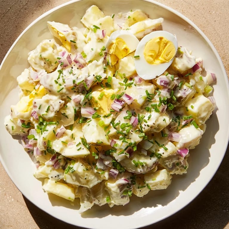 Tender potatoes and chopped eggs mingled in a flavorful dressing, this chopped egg and potato salad looks delicious.