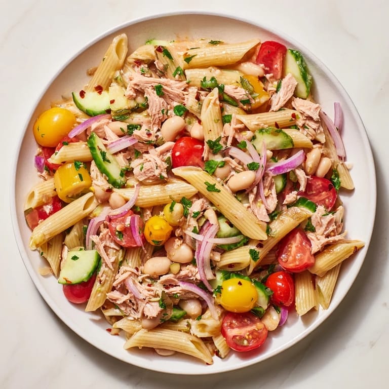 Textured close-up of Spicy Tuna and White Bean Pasta Salad, ready for a healthy meal.