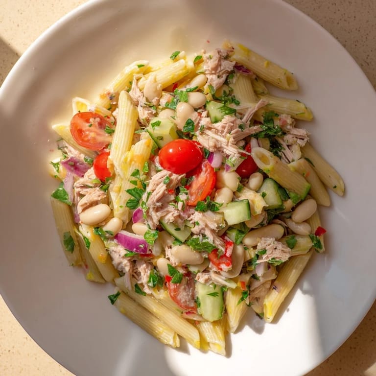 Bright, colorful Spicy Tuna Pasta Salad with a chili-lime dressing, perfect for a picnic.