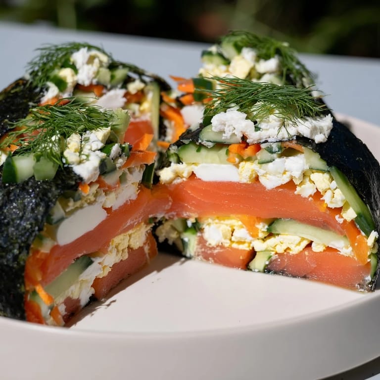 Delectable high-protein sushi wrap smoked salmon holiday creation showcasing sliced salmon, wrapped in seaweed.