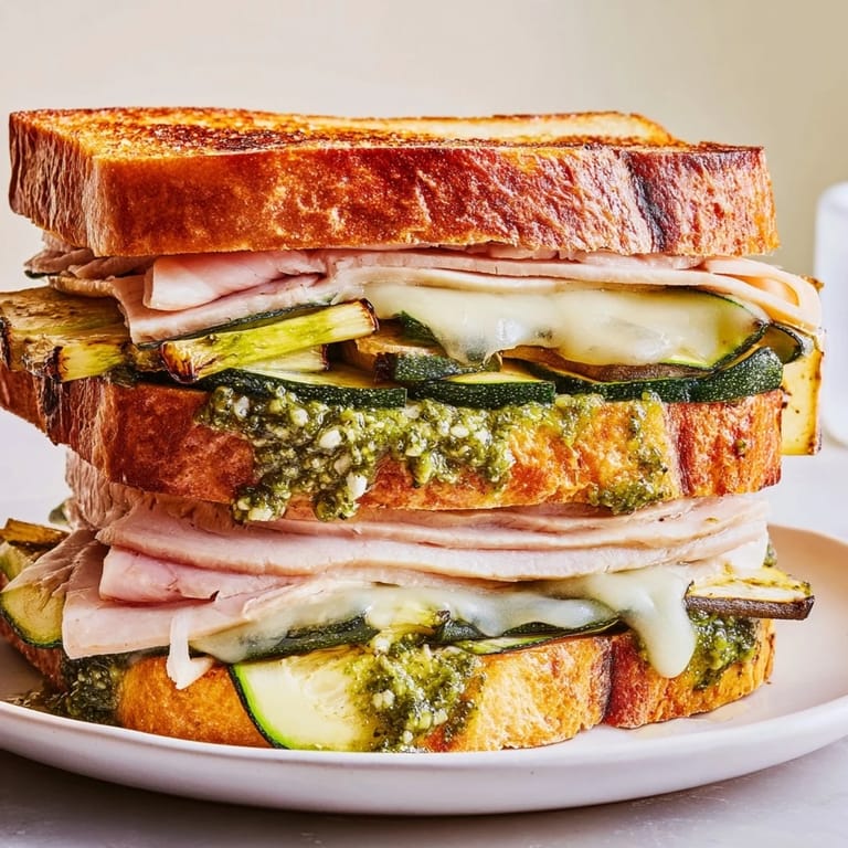 Melting provolone cheese drizzles from a perfectly grilled Pesto Turkey Zucchini Grilled Cheese.