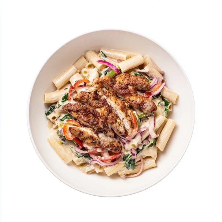 Delicious Creamy Cajun Dirty Snow Chicken Pasta with wilted spinach and a rich, creamy Cajun sauce.