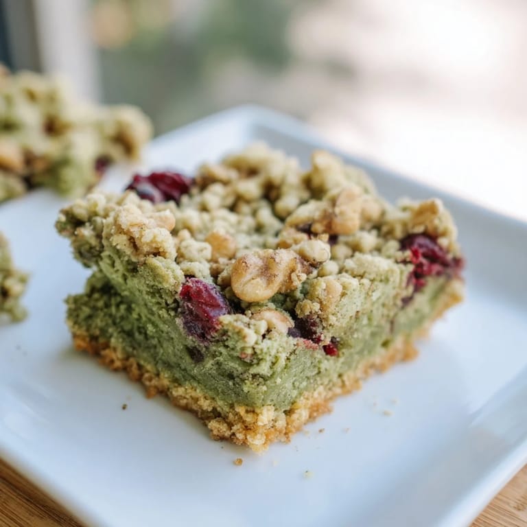Chewy Matcha Cranberry Oat Crumble Breakfast Bars, offering a delightful combination of sweet, tart, and earthy flavors.