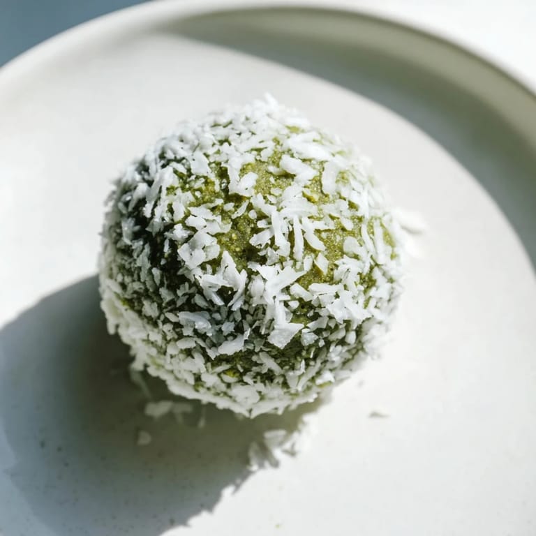 Imagine a close-up of finished Coconut Matcha Snowball Fat Bombs, perfect treats coated in shredded coconut.