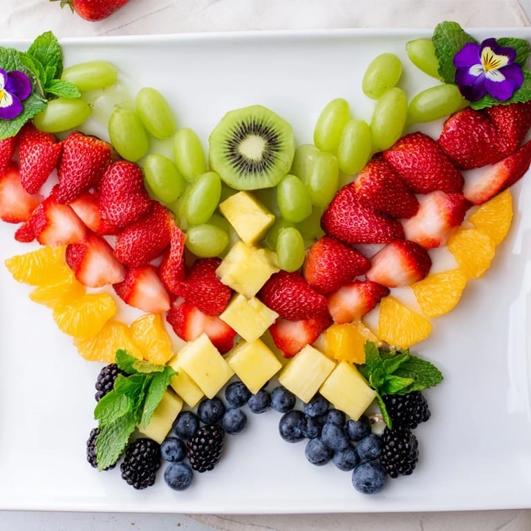 Freshly assembled Butterfly Bloom Fruit Board bursts with vibrant colors, perfect for a healthy and festive snack.