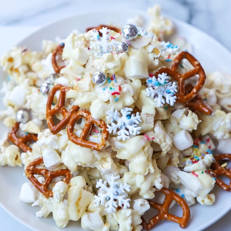 Enjoy the sweet-and-salty delight of homemade Ski Season Snowflake Snack Mix coated in white chocolate.
