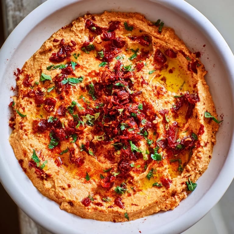 Creamy textured Volcanic Lava Spicy Dip garnished with fresh cilantro, perfect for dipping vegetables.