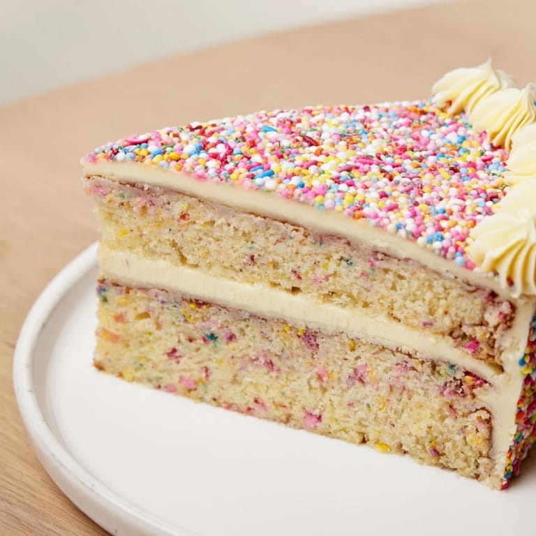 Moist Happy Birthday Cake slice with fluffy white buttercream, generously decorated with bright sprinkles—yum!
