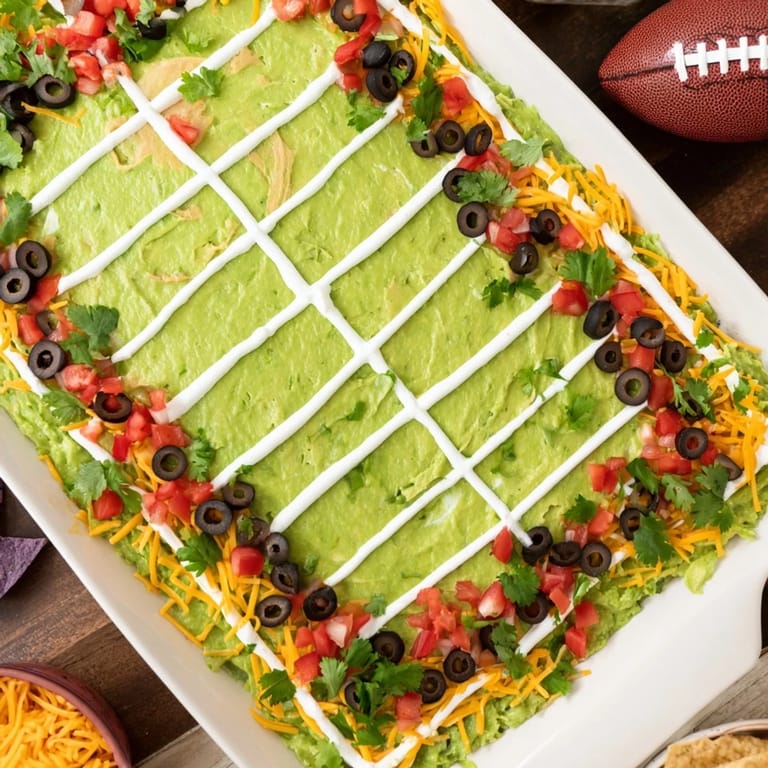 Enjoy this easy-to-make, vegetarian football field dip, brimming with creamy textures and savory flavors.