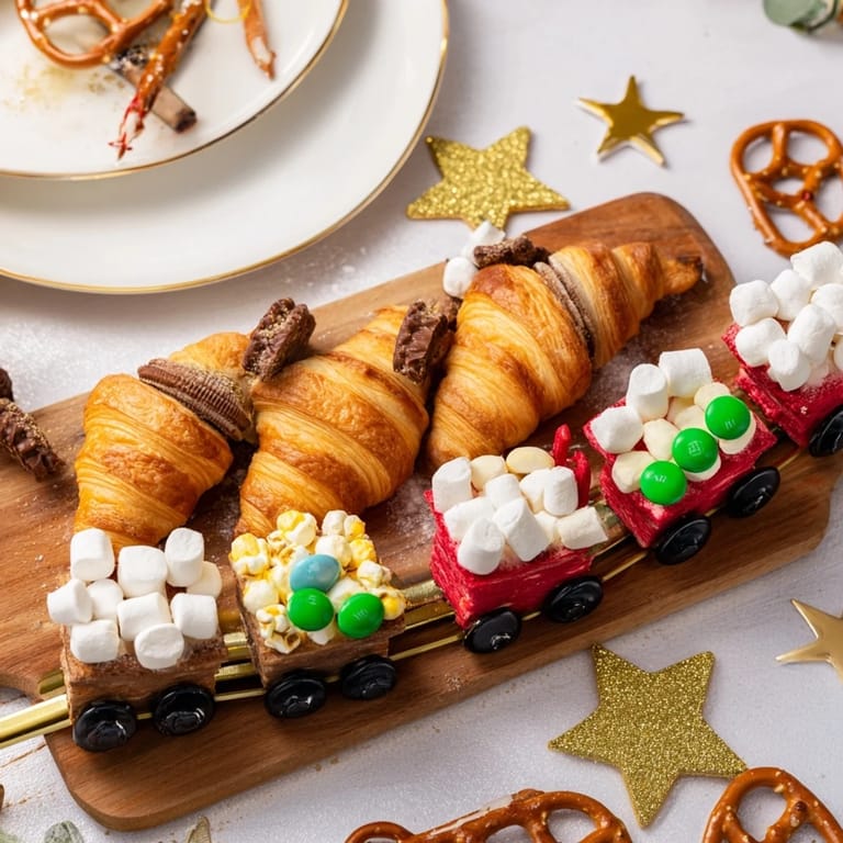 Homemade Polar Express Train Treat Board, showcasing mini sandwich cars laden with sweet and salty treats ready to enjoy.
