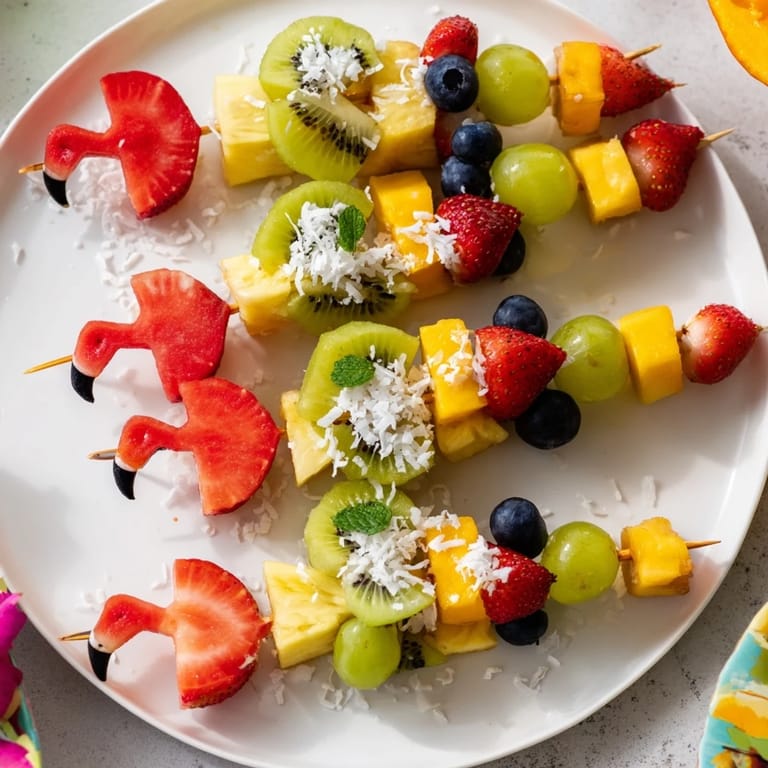 Beautifully arranged Flamingo Fruit Skewer Platter, featuring fresh mango and kiwi, ready to serve with lime wedges.