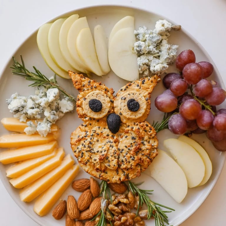 The charming Owl Cracker and Cheese Board overflows with cheeses, fruit, and crunchy nuts, perfect for snack time.