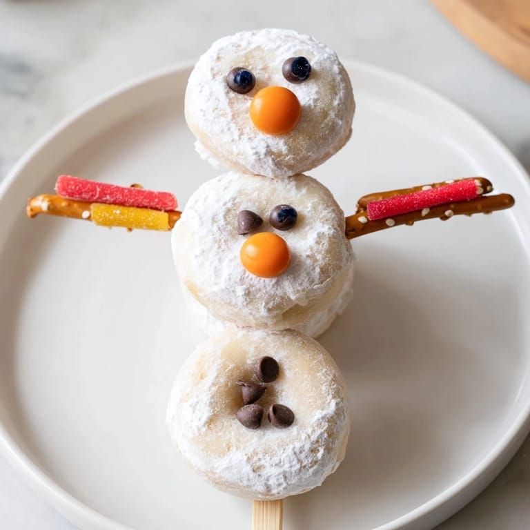 Stacked mini donut snowmen with orange candy noses look delightful and ready to serve for dessert.