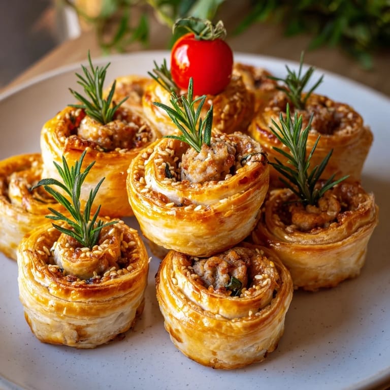 Christmas tree of flaky Savory Bites: Mini Sausage Rolls, decorated with rosemary and cheese star topper.
