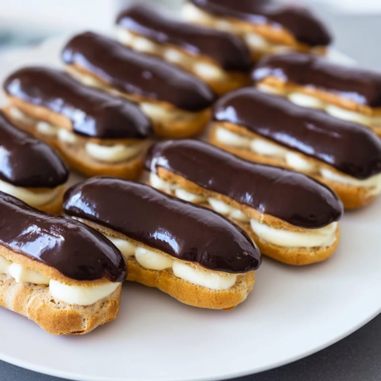 A platter of perfect mini chocolate éclairs, showcasing vanilla cream filling and rich, dark chocolate.