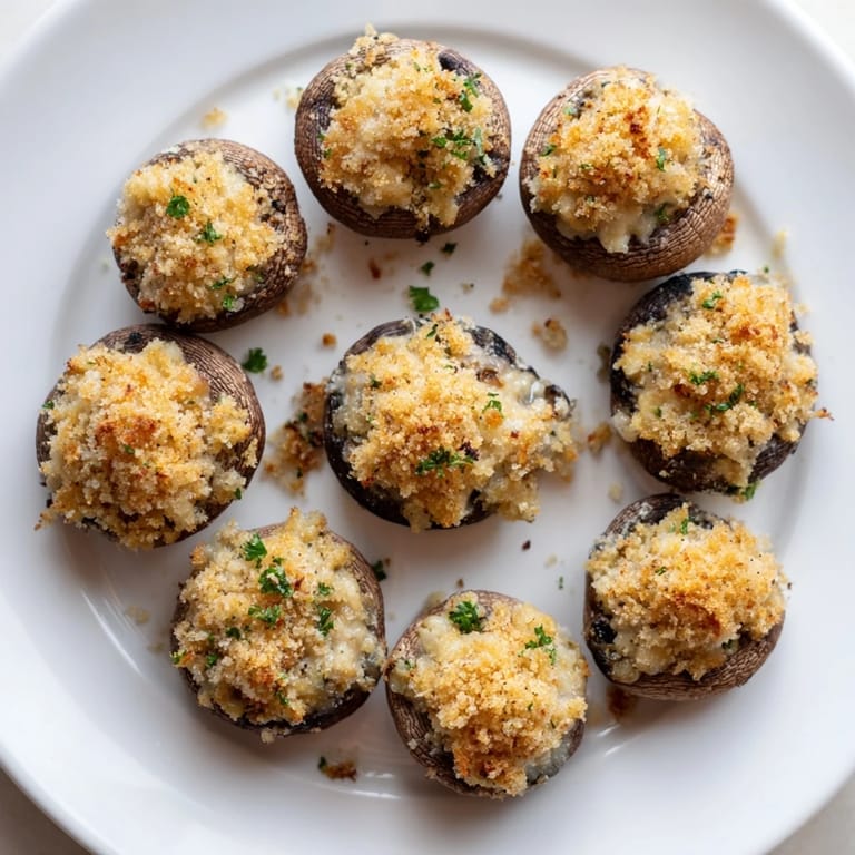 Savory stuffed mushroom caps, glistening with olive oil, make an easy, flavorful vegetarian appetizer.