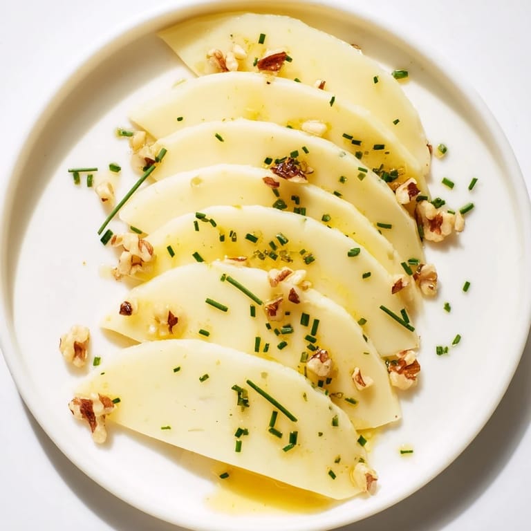 Close-up of a fresh Swiss Cheese Slices fan, ready to eat, with optional walnut garnish and honey.