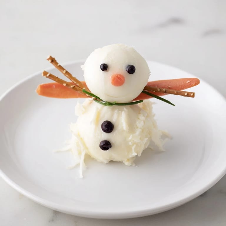 Close up of Melted Snowman Cheese Bites: cheese snowmen with olive eyes and pretzel arms on a plate.