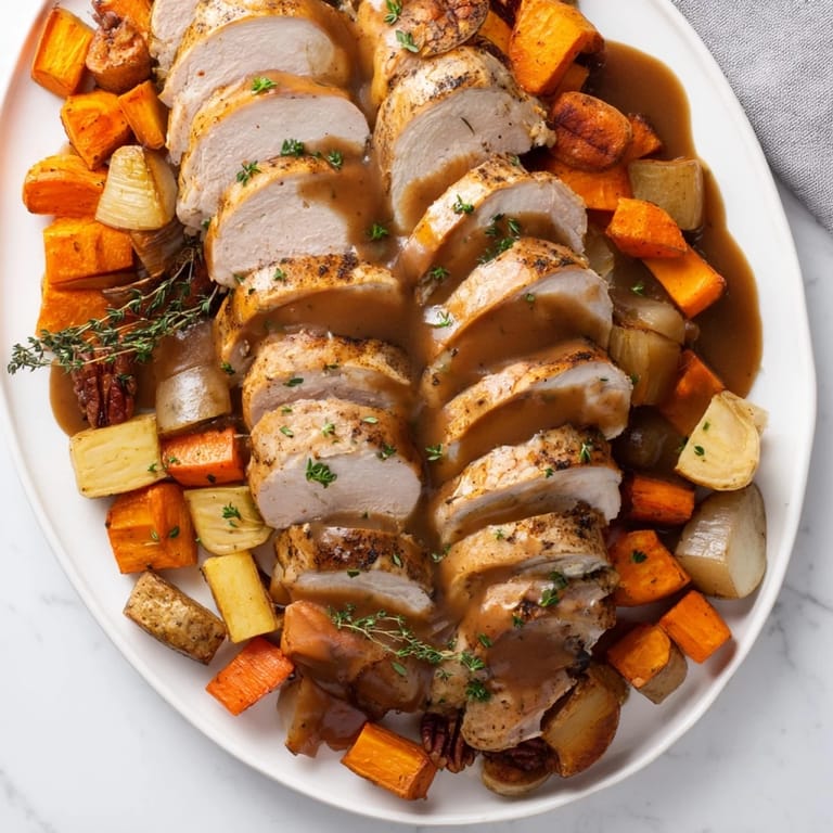 Close-up of a richly flavored Chains of the Mayflower, displaying juicy turkey with hearty gravy and fresh herbs.