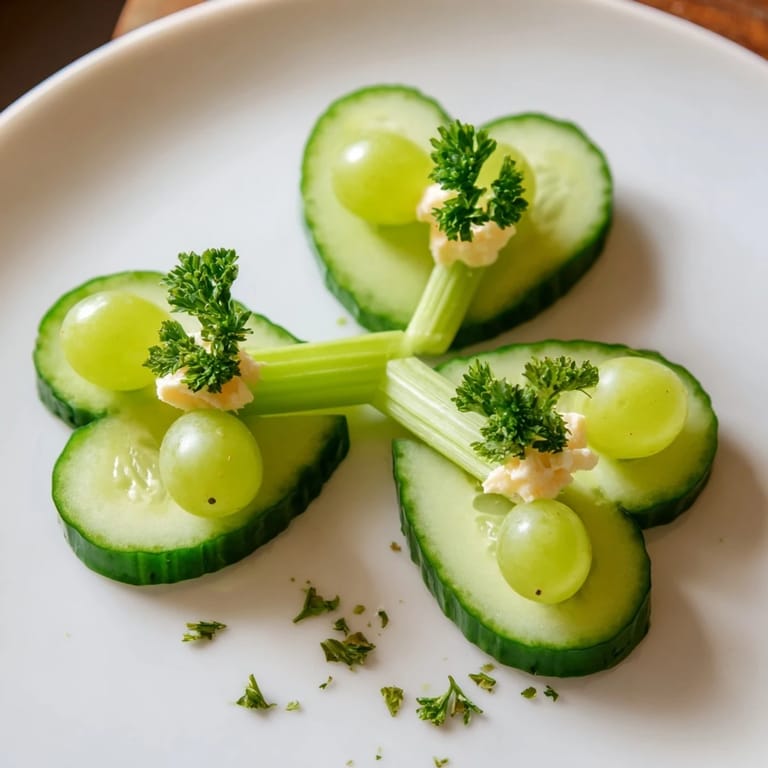 A vibrant and fresh Lucky Four-Leaf Clover Snack made with crisp cucumber and cheesy clover leaves.
