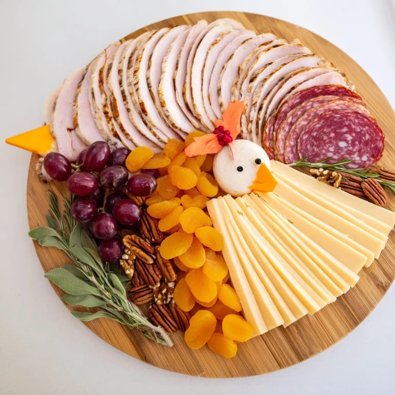 This turkey tail fan is a stunning charcuterie appetizer with meats, cheeses, and fruit.