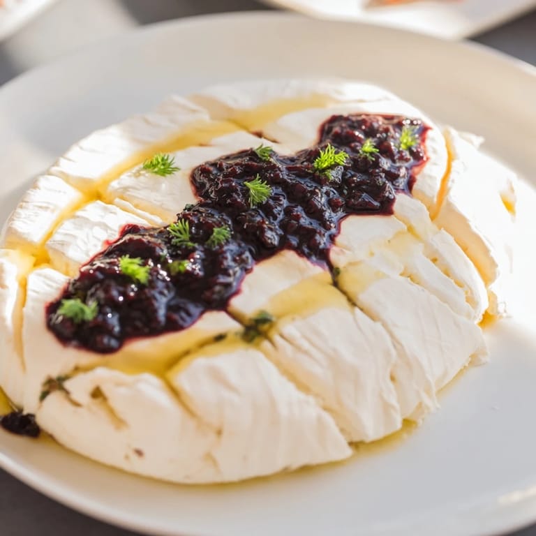 A close-up of The Victorian Cameo: artistic black olive tapenade atop creamy cheese with fresh herbs.
