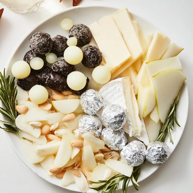 This visually stunning The Silver Screen cheese board features creamy cheeses alongside glistening silver wrapped chocolates.