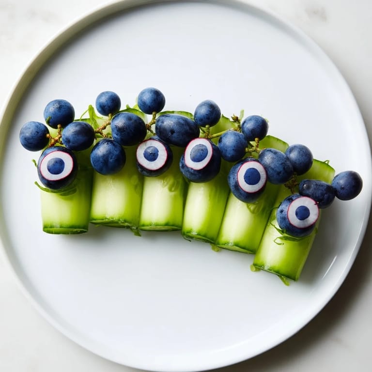 Beautifully crafted Peacock Tail appetizer, boasting fresh cucumbers and glistening grapes ready to enjoy.
