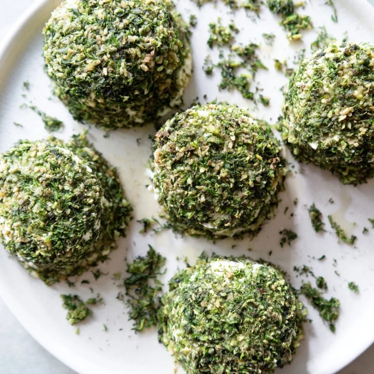 Freshly prepared Mossy Stone cheeseballs, featuring goat cheese and vibrant green parsley and dill.