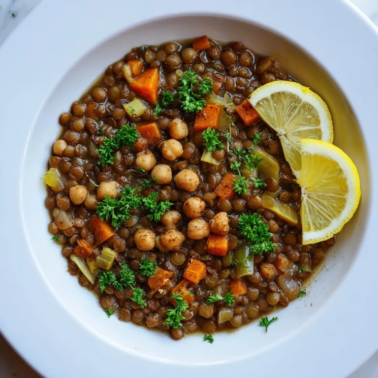 A delicious, close-up view of the hearty Middle Eastern lentil and chickpea stew, ready to enjoy.