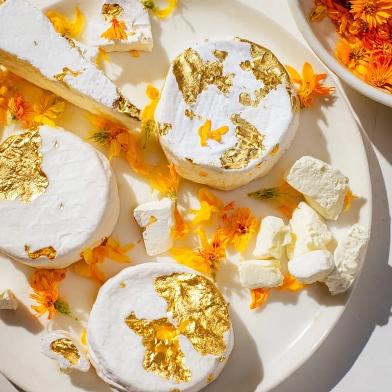 Elegant Gilded Lily cheese board, showcasing creamy cheeses glistening under delicate gold leaf accents.