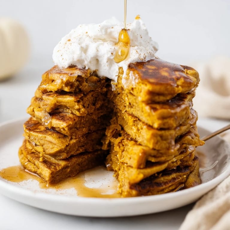 Stack of delectable pumpkin spice pancakes, cooked to perfection, ideal for a breakfast treat.