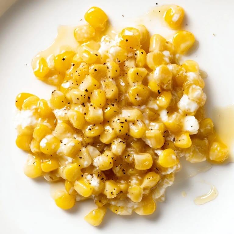 A warm, creamy and irresistible close-up showcasing glistening Honey Butter Skillet Corn with hints of char.
