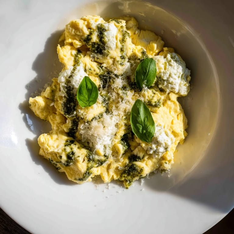 A plate of creamy pesto cottage cheese eggs, ready to be served, a simple savory breakfast treat.