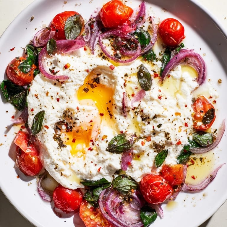 Golden yolks peek out from perfectly baked feta eggs, a delightful Mediterranean-style breakfast.