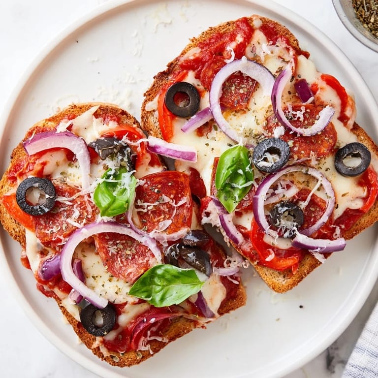 A close-up view of the perfectly broiled Pizza Toast 2.0, brimming with flavorful pepperoni.
