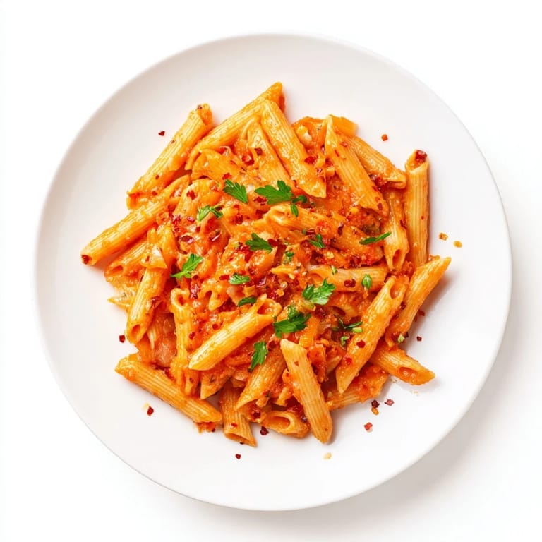 Close-up photo of penne all'arrabbiata; spicy tomato sauce glistening over the al dente pasta.