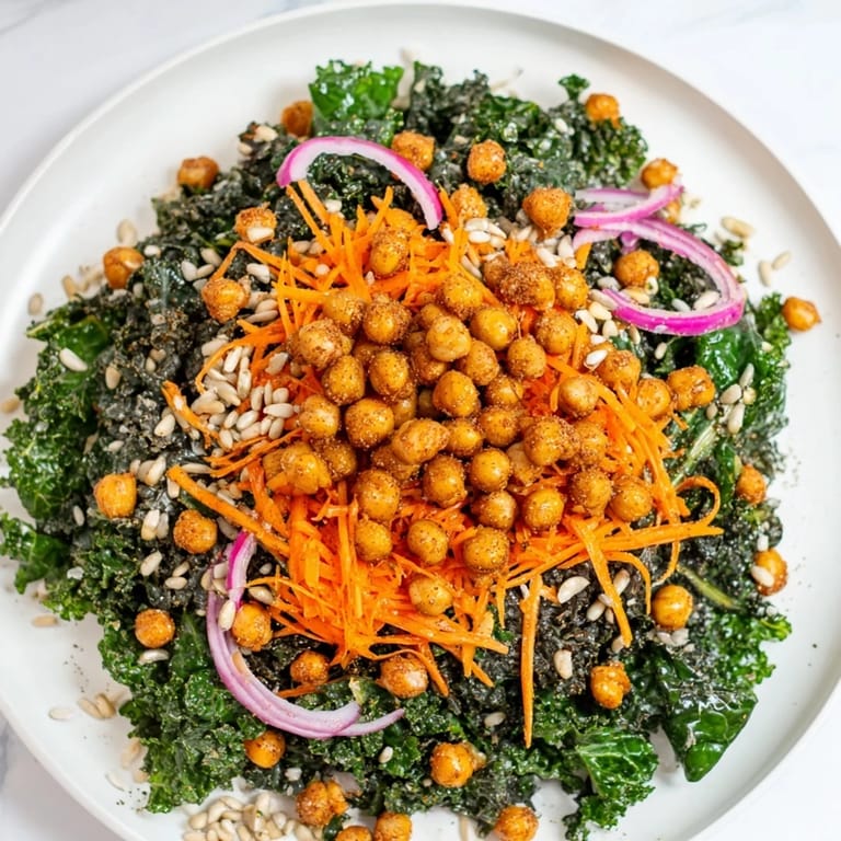 This Kale Salad with Roasted Chickpeas features crunchy chickpeas and a bright, zesty dressing.