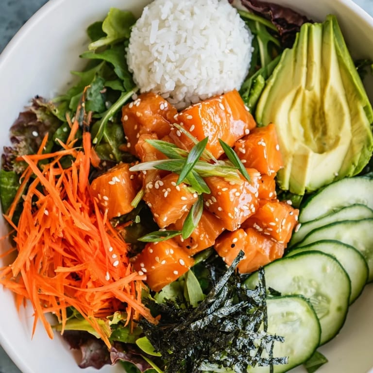 Enjoy a refreshing poke bowl salad filled with sushi-grade fish, rice, and delicious garnishes.