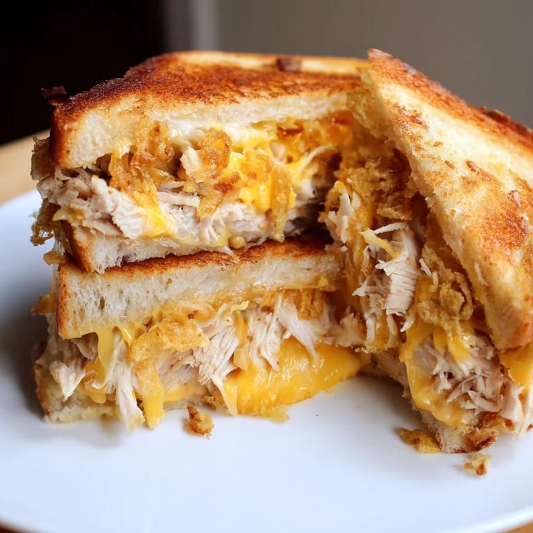 Enjoy a warm and comforting Crispy Shallot Chicken Grilled Cheese, served with a side of tomato soup, steaming on a plate.