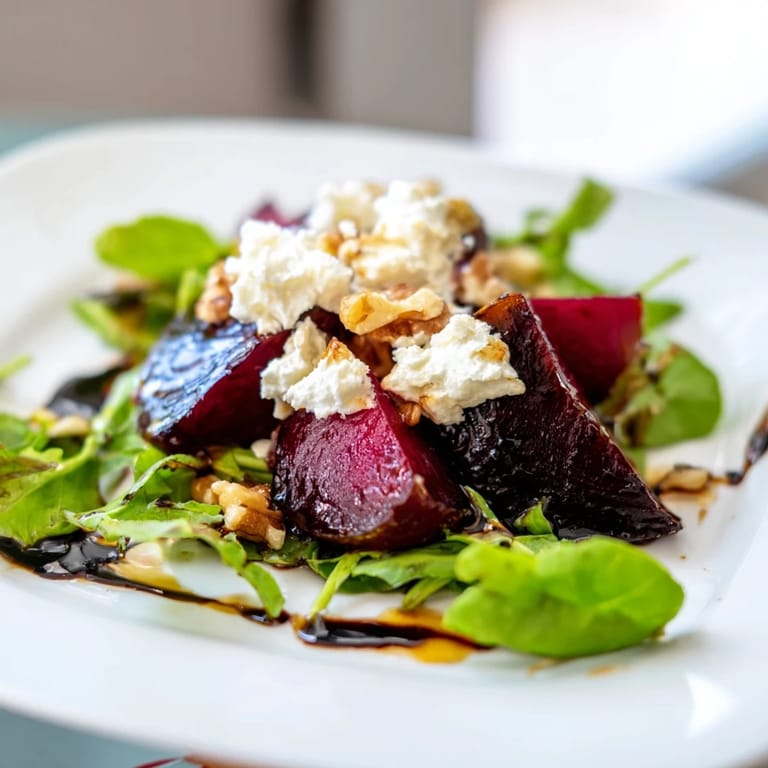 Enjoy a colorful beet and goat cheese salad, the sweet beets mingling with savory goat cheese and walnuts.