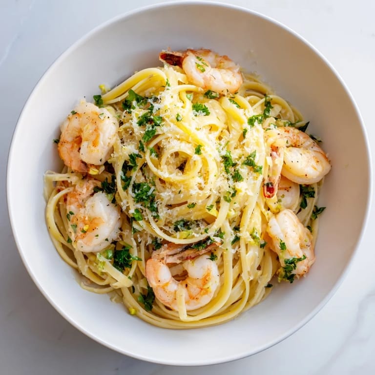 Fresh, bright, close-up view of lemon herb pasta with shrimp mingling with vibrant herbs.