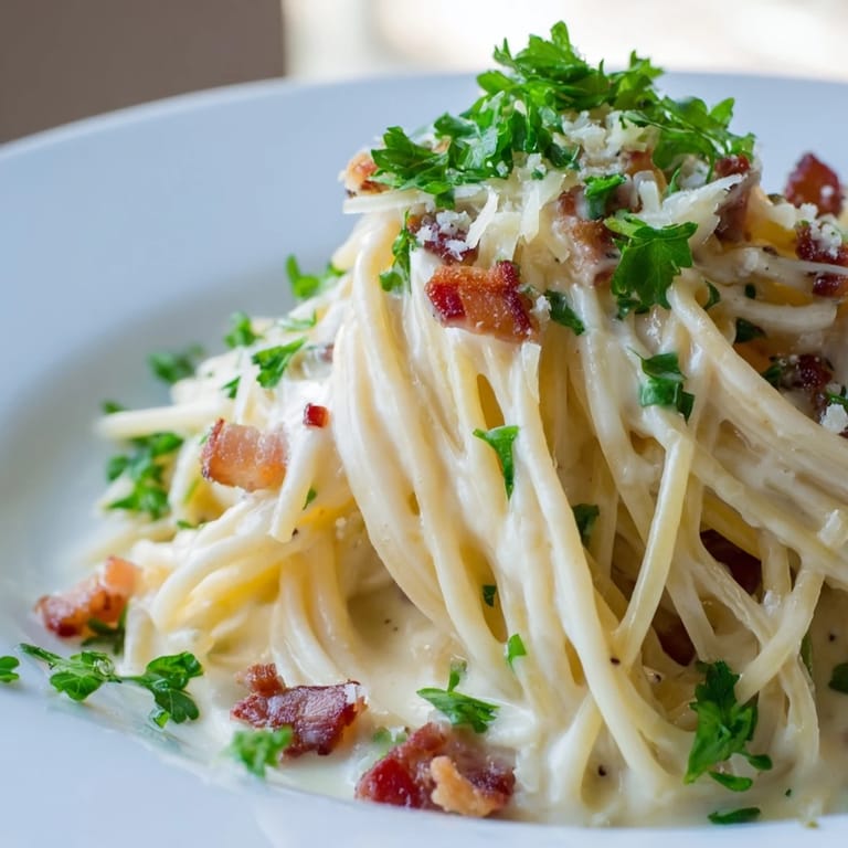 Imagine this: steaming creamy garlic bacon pasta, generously garnished, smelling of Parmesan and garlic.