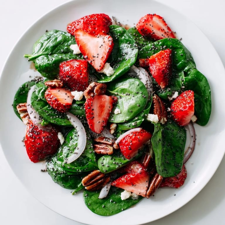 A close-up of a refreshing spinach strawberry salad showcasing bright red strawberries and crunchy pecans.