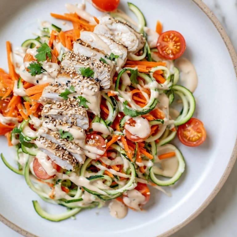 Fresh, spiralized cucumber, cherry tomatoes and grilled chicken star in this vibrant Protein Cucumber Salad.