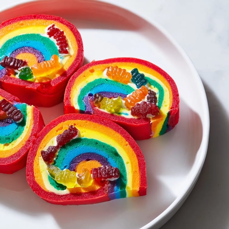 Quick Rainbow Candy Roll Ups: A close-up of colorful pinwheel treats featuring assorted gummy candies.